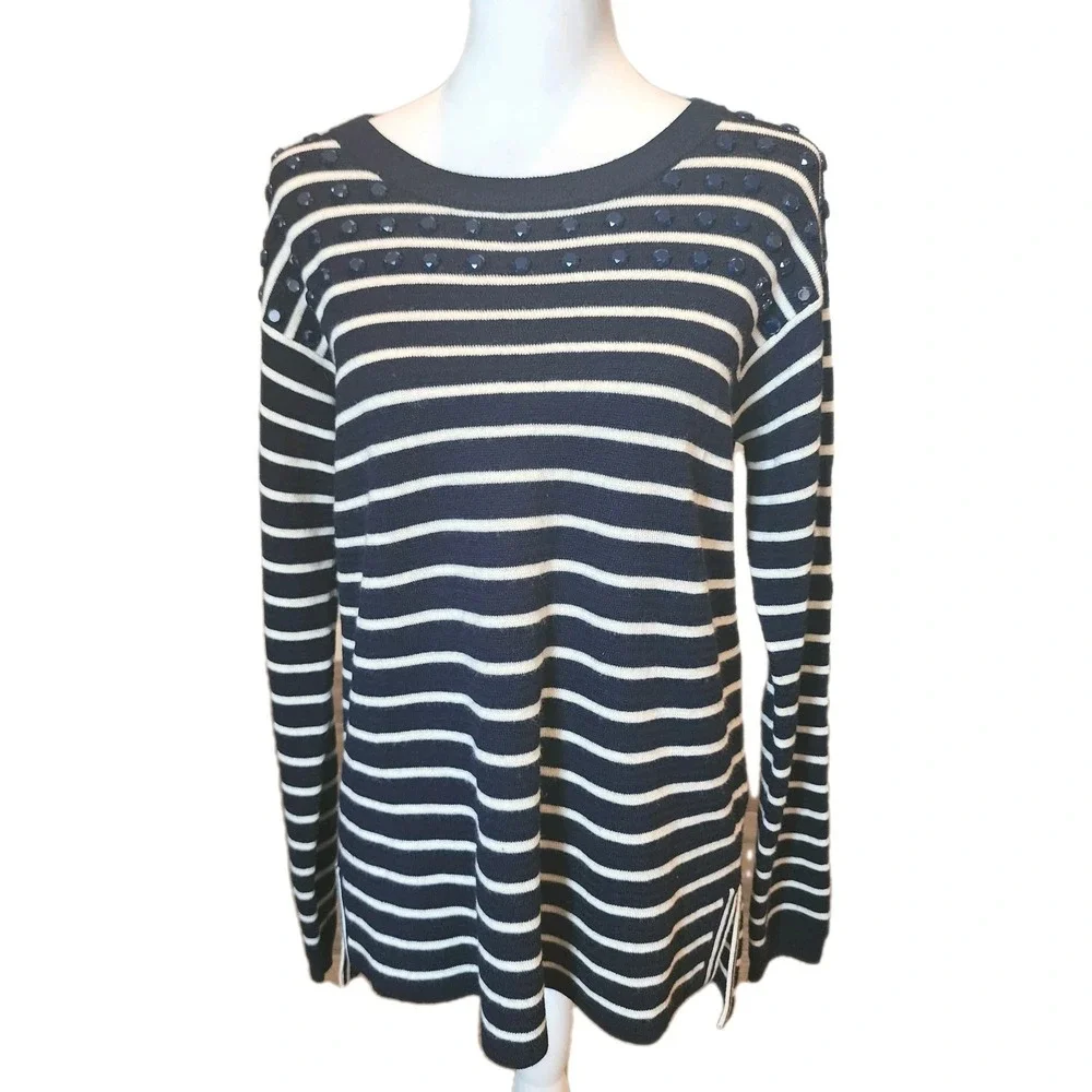 J.Crew Merino Wool Sweater Womens Medium Navy White Jewel Embellishment Preppy‎
